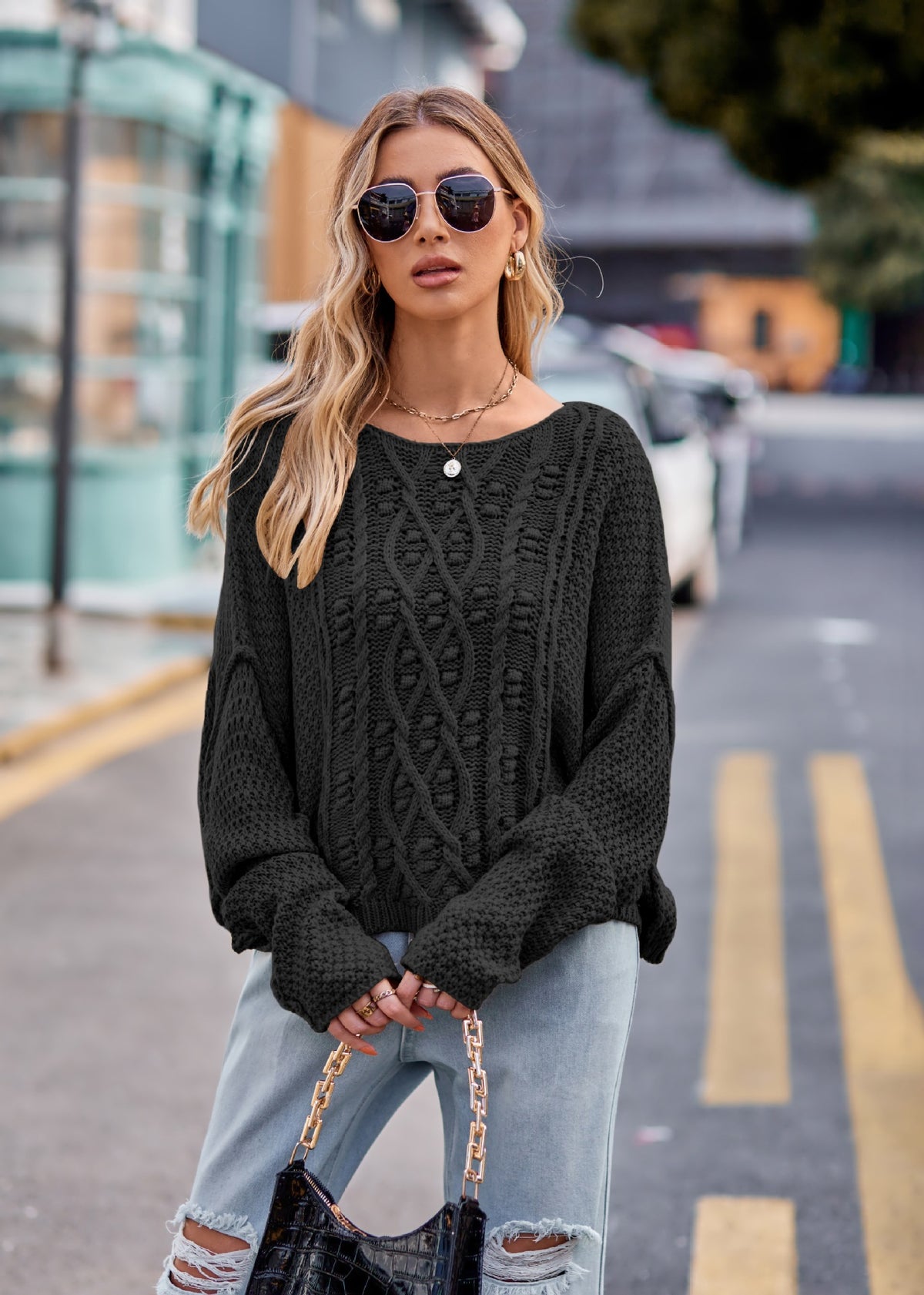 Women's Round Neck Twisted String Cable-knit Sweater