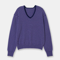 Drop-shoulder Sleeve Thin Woolen Sweater Ultra-fine Mernu Wool V-neck Striped Knitted Top