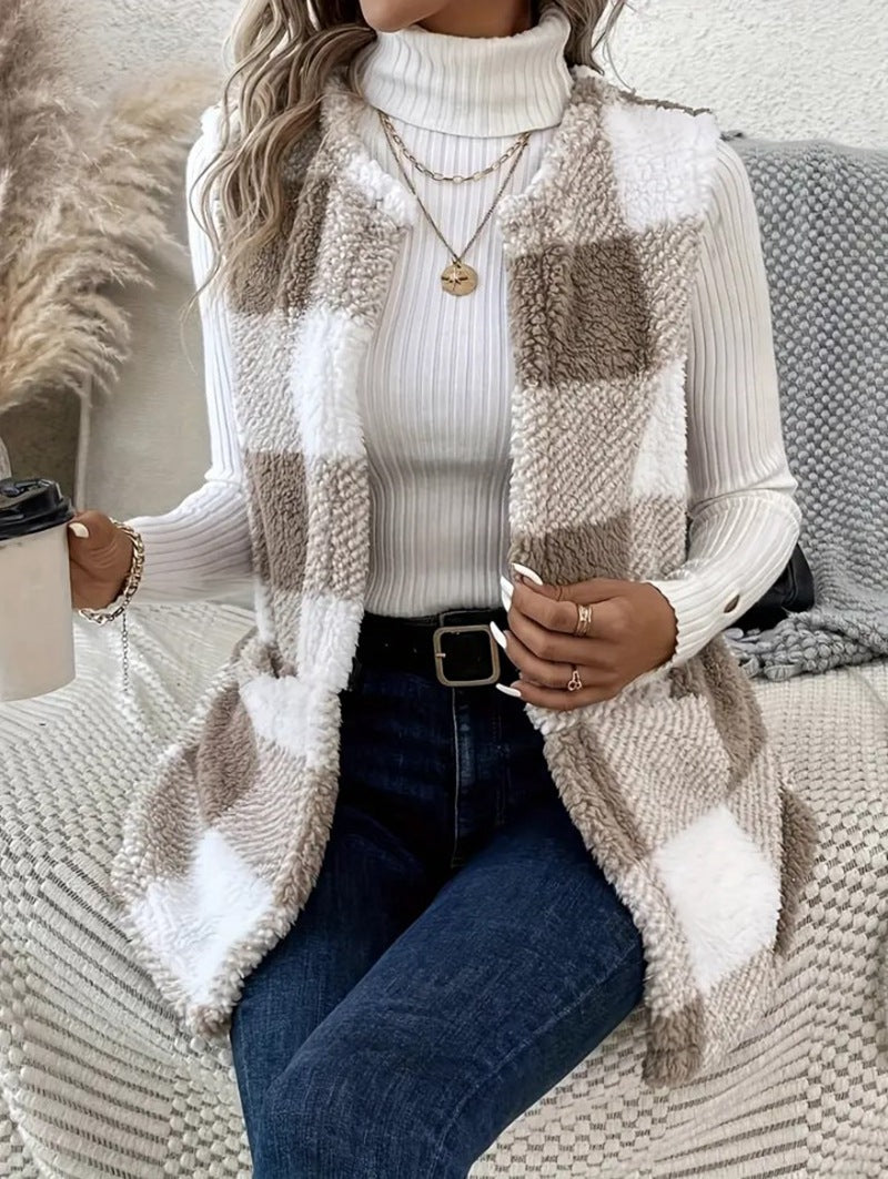 Coat Loose Plaid Color Stitching Knitted Cardigan Sweater