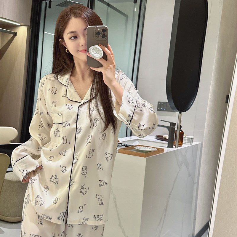 Satin Korean Style Long Sleeve Ice Silk Pajamas Women's New Homewear Suit