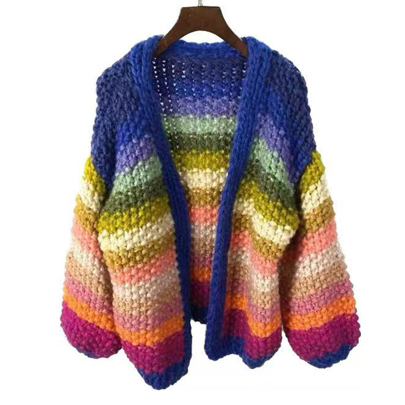 Thick Needle Sweater Coat Rainbow Striped Contrast Color Sweater Cardigan