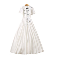 White Bamboo Leaf Printing New National Fashion Stand Collar Dress