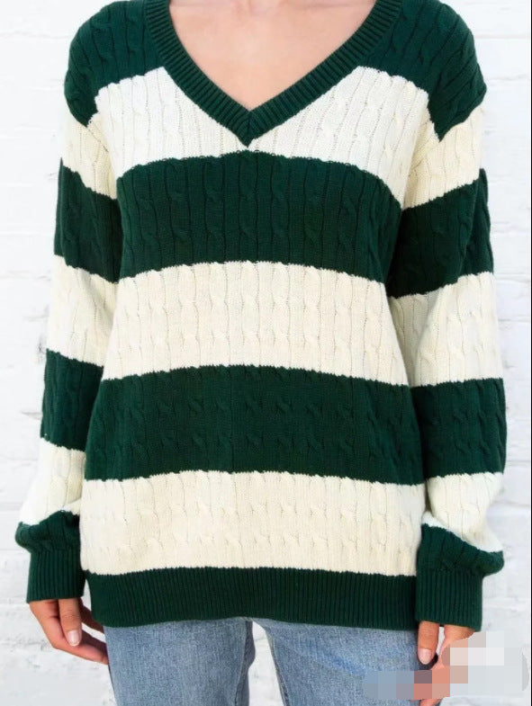 European And American Striped Cable-knit Sweater V-neck Loose Sweater For Women