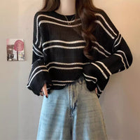 Striped Thin Sweater Loose Hollow-out Short Top