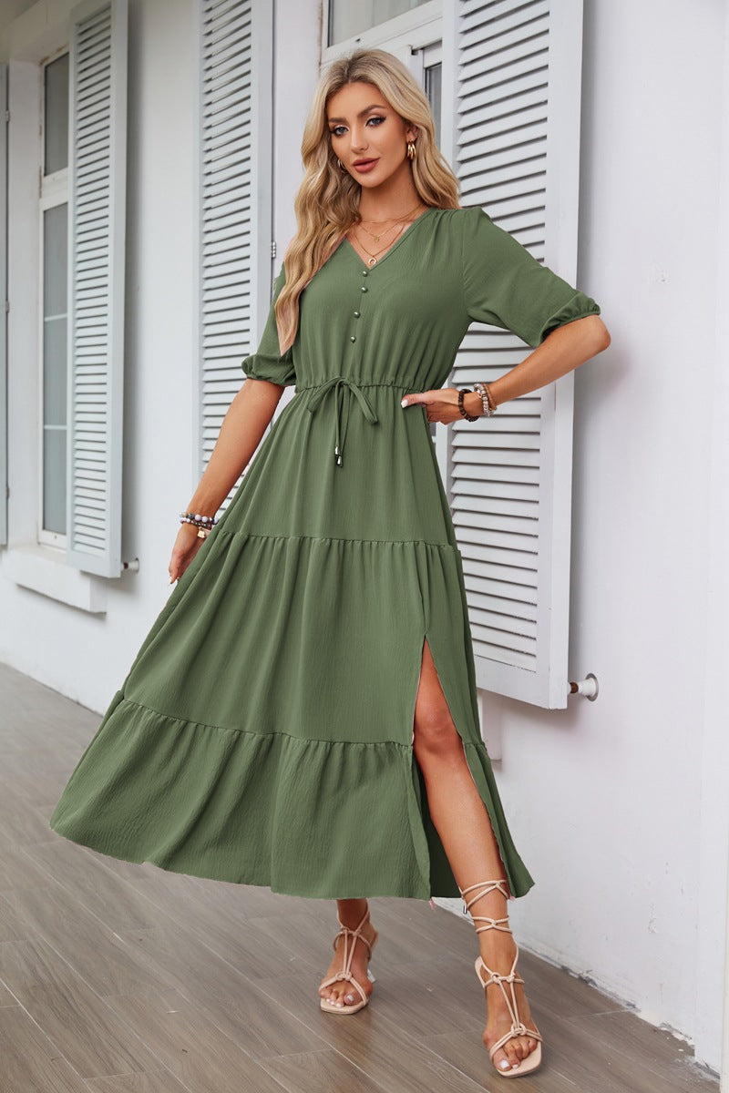 V-neck Buttons Drawstring Slit Hemline At Hem Short Sleeve Dress