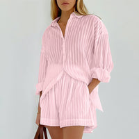 Women's Graceful And Fashionable Striped Puff Sleeve Shorts Suit