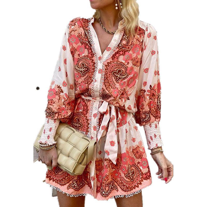 Women's Lace Lace Long-sleeved Printed V-neck Dress