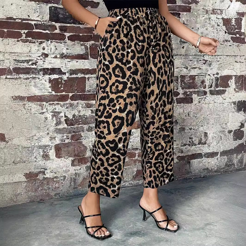 Plus Size Women's Lace-up Leopard Print Woven Pants