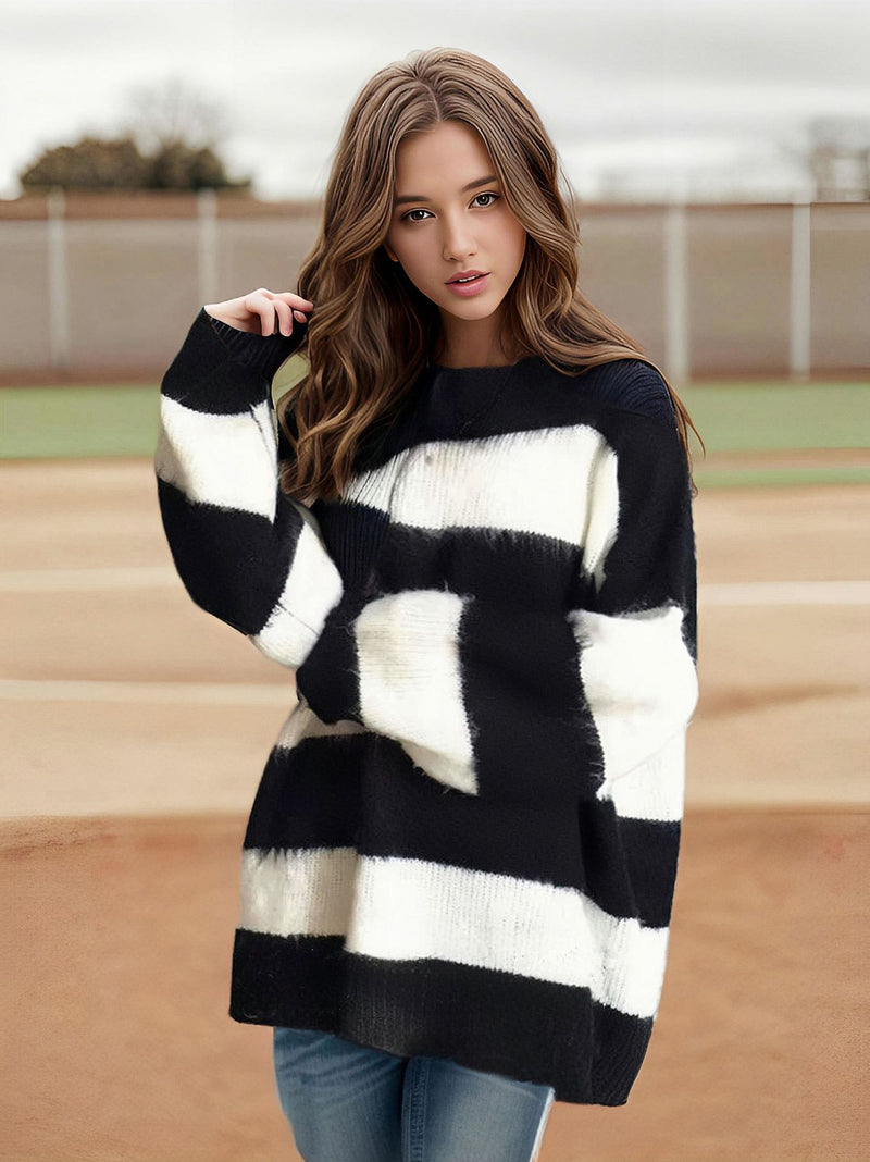 Mink Fur Contrast Color Knitted Sweater Women