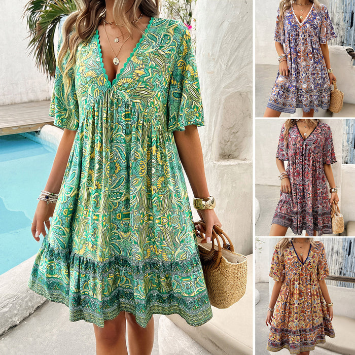 Spring And Summer Vacation Leisure Printed V-neck Dress