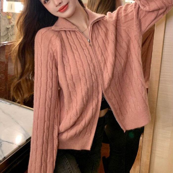 Zipper And Lapel Cable-knit Sweater Women's Autumn And Winter Solid Color Vintage Coat