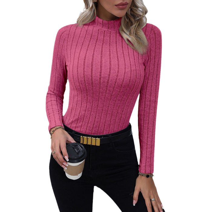 Women's Fashion Long Sleeve Solid Color Mid-collar Knitted Top