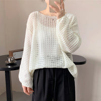 Hollow-out Long-sleeved Sweater Thin Breathable Crew Neck Pullover Sweater