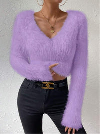 Autumn And Winter New Solid Color And V-neck Slim Fit All-match Plush Short Women's Sweater