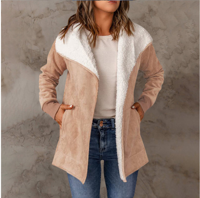 Women's Long-sleeved Suede Lambswool Warm Coat