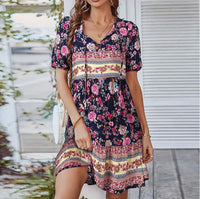 Bohemian Floral Print Lace-up Dress