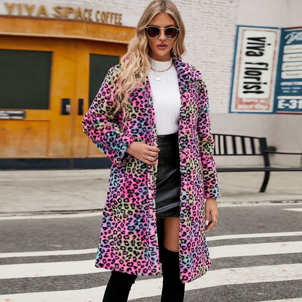 Women's Leopard Print Imitation Fur Plush Lapel Coat