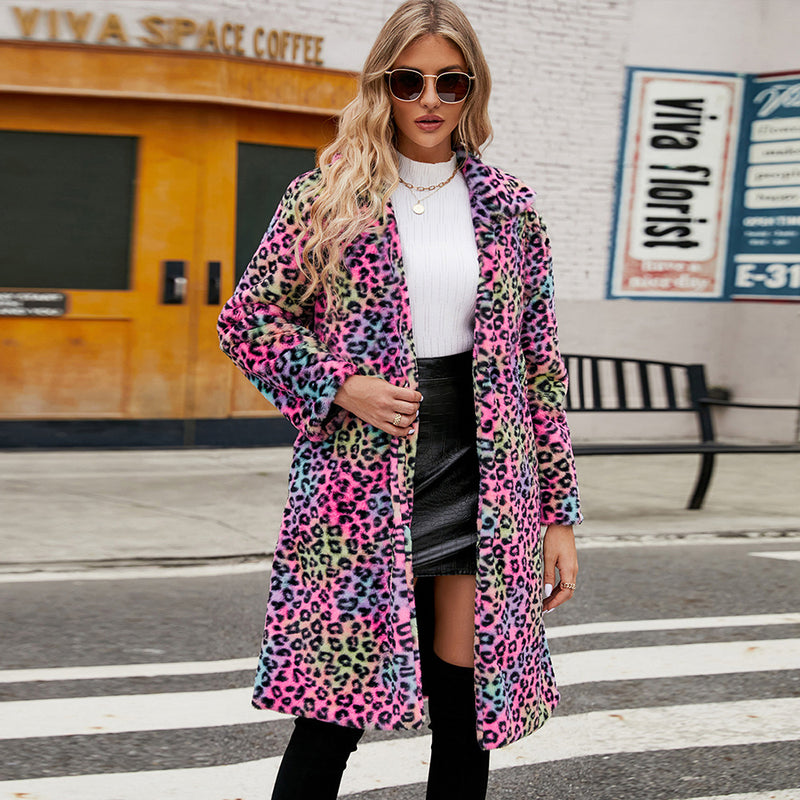 Women's Leopard Print Imitation Fur Plush Lapel Coat