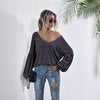 Women's V-neck Backless Pocket Lantern Sleeve Colored Cotton Sweater Top