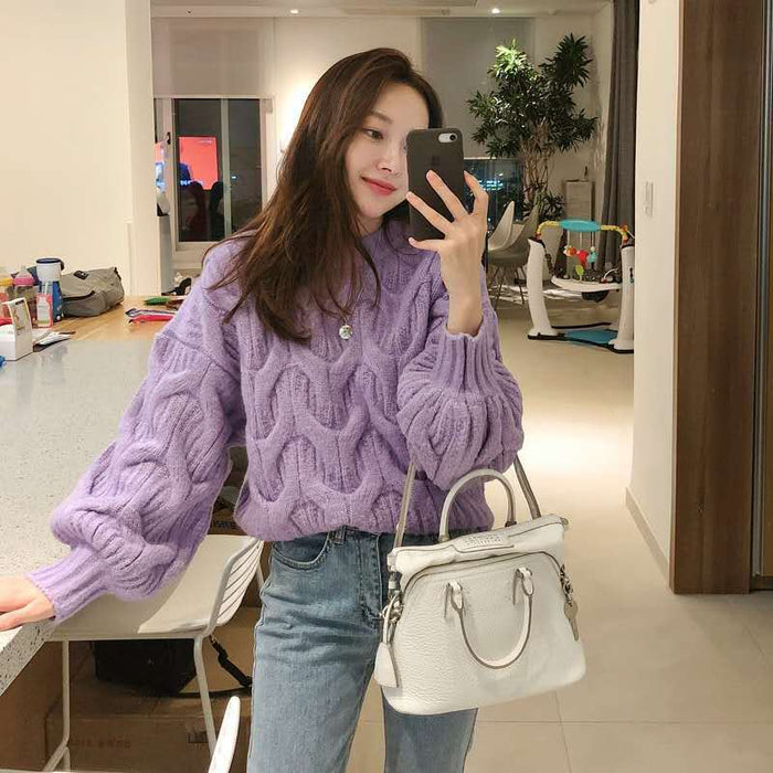 Women's Loose Round Neck Cable-knit Sweater