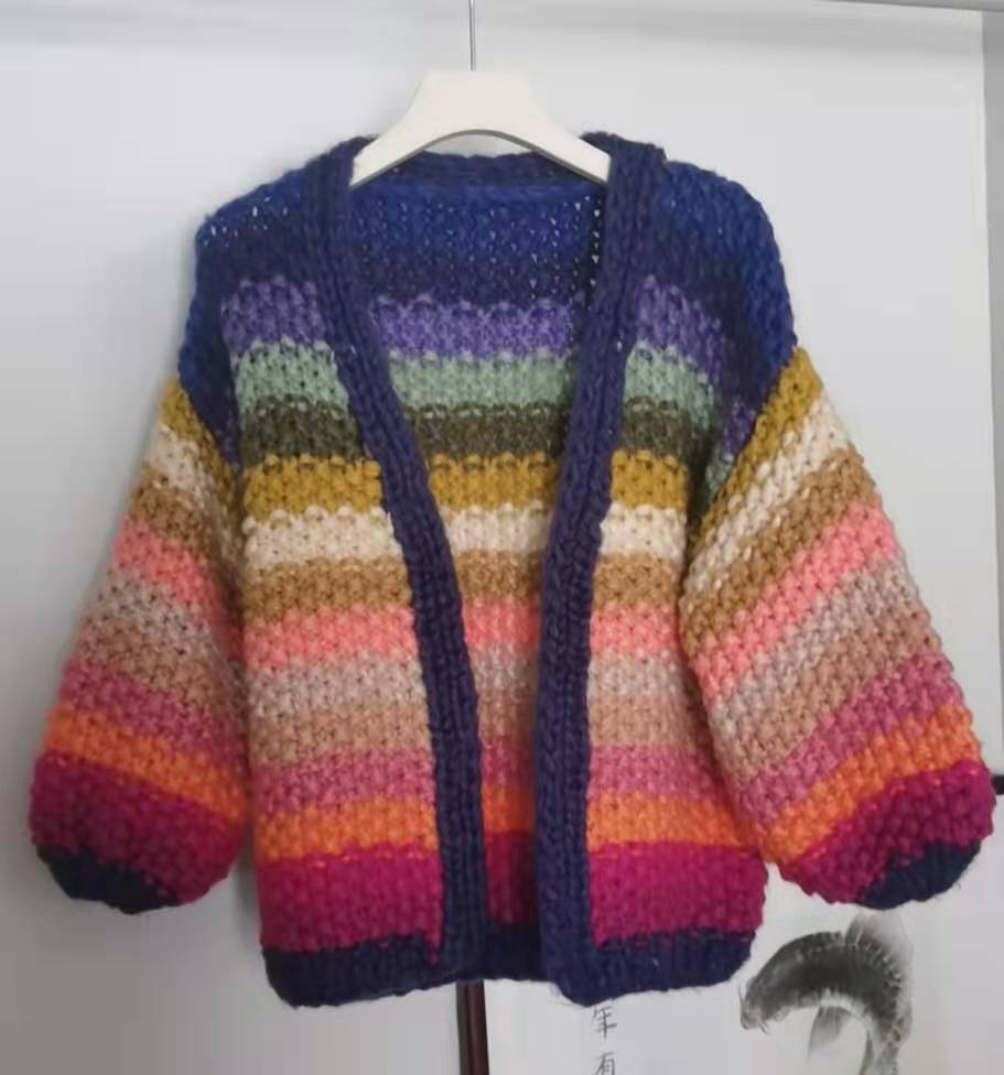 Handmade Rainbow Striped Contrast Color Thick Needle Sweater Coat