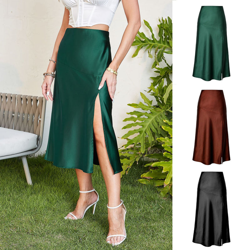 Women's High Waist Glossy Satin Skirt Slit