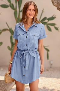 Pocket Button Solid Color Short Sleeve Dress Women