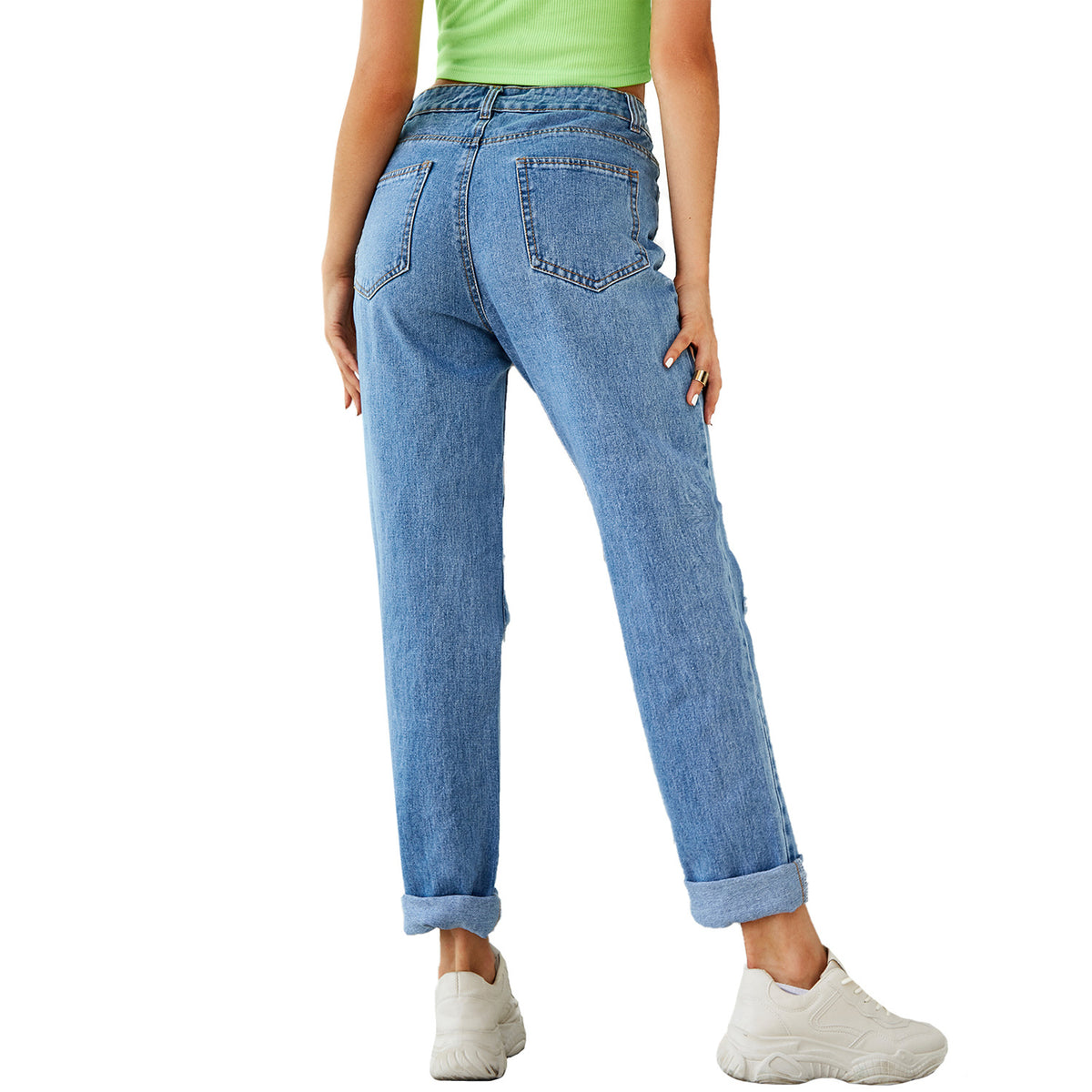 Women's Fashion High Waist Ripped Straight Denim Trousers