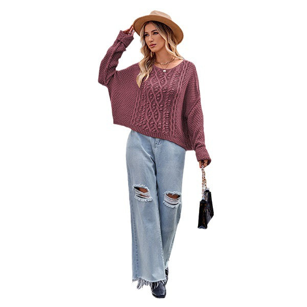 Women's Round Neck Twisted String Cable-knit Sweater