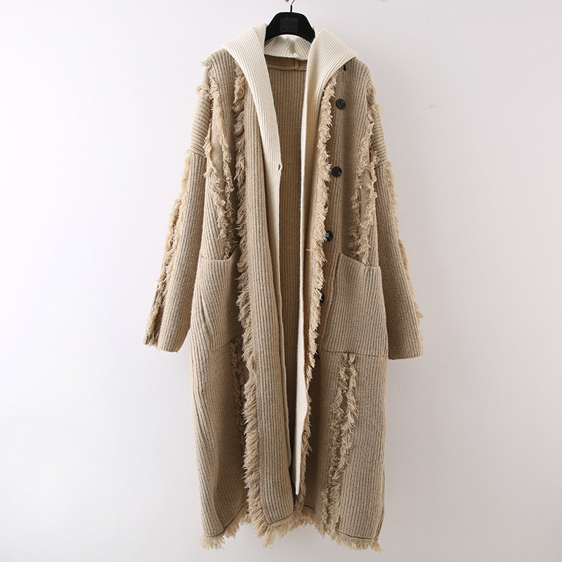 Hooded Tassel Knitted Cardigan Fake Two-piece Overknee Sweater Coat