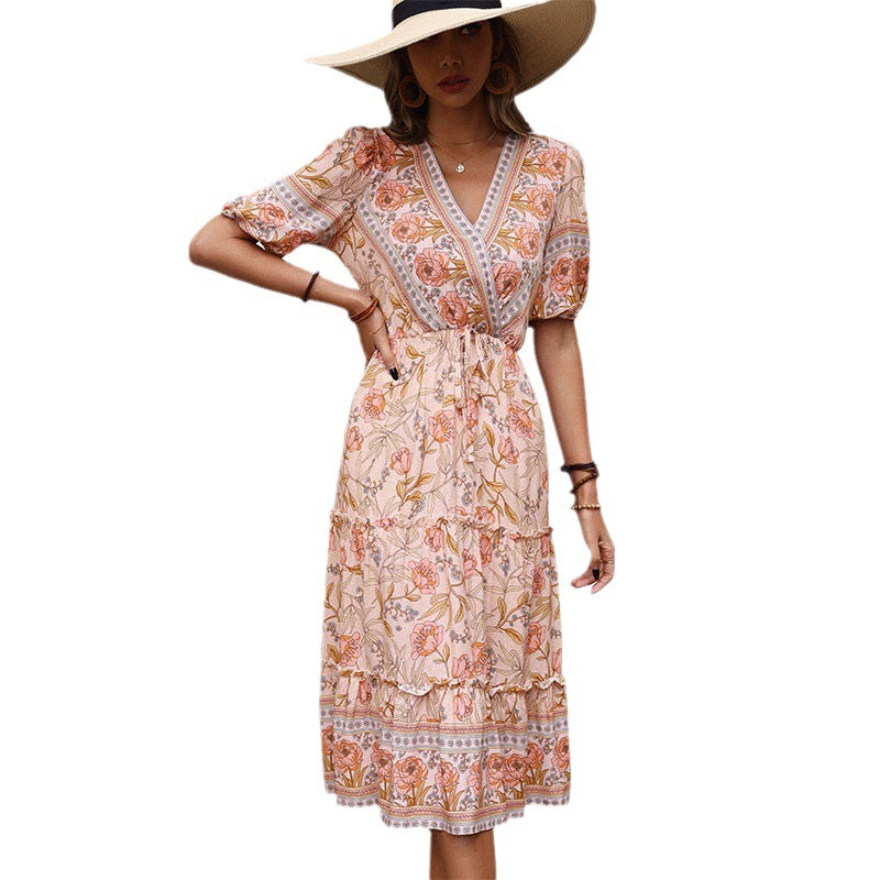 Retro Women's Wooden Ear Printed V-neck Mid-length Dress