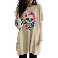 Women's Fashionable Colorful Skull Printed Long-sleeved T-shirt