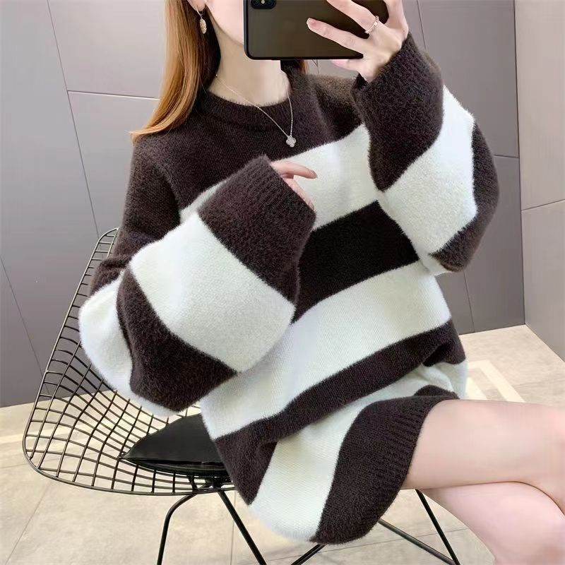 Loose Black And White Striped Color Matching Knitted Pullover Top