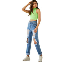 Women's Fashion High Waist Ripped Straight Denim Trousers