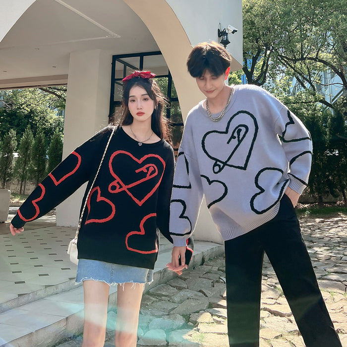 Male And Female Cute Heart Round Neck Sweater