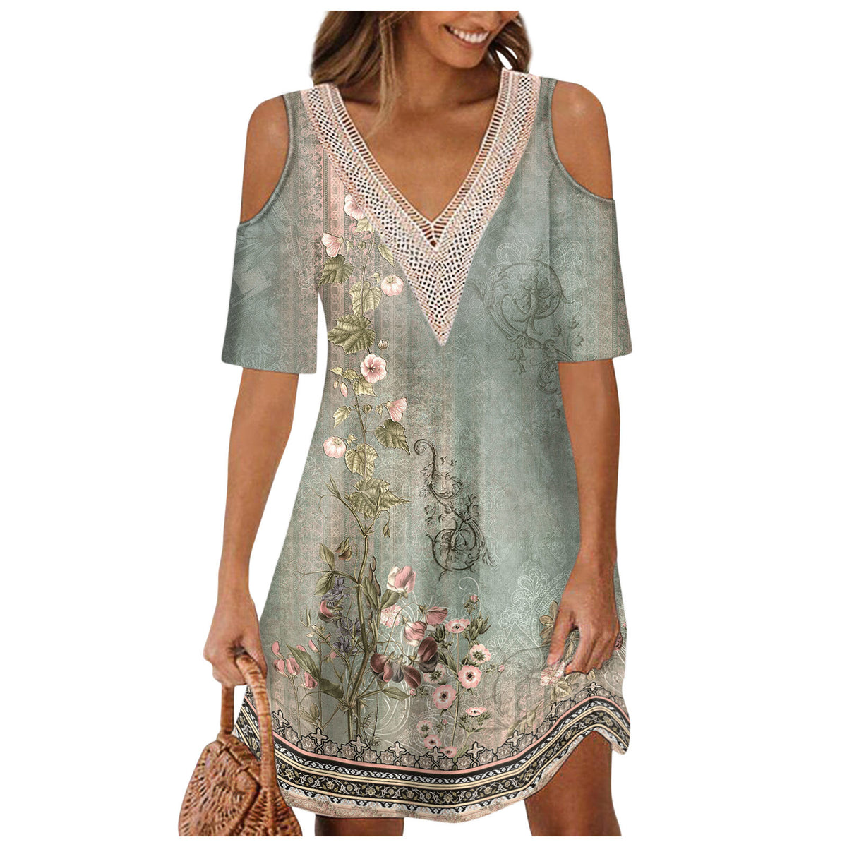 Women's Printing Off-the-shoulder V-neck Dress