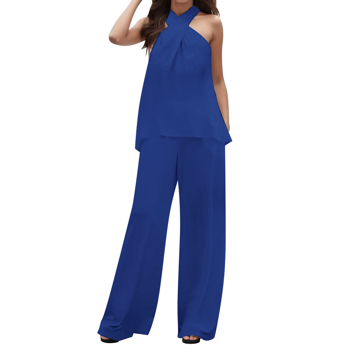 Pure Color Halter Sleeveless V-neck Top Elastic Waist Wide Leg Pants