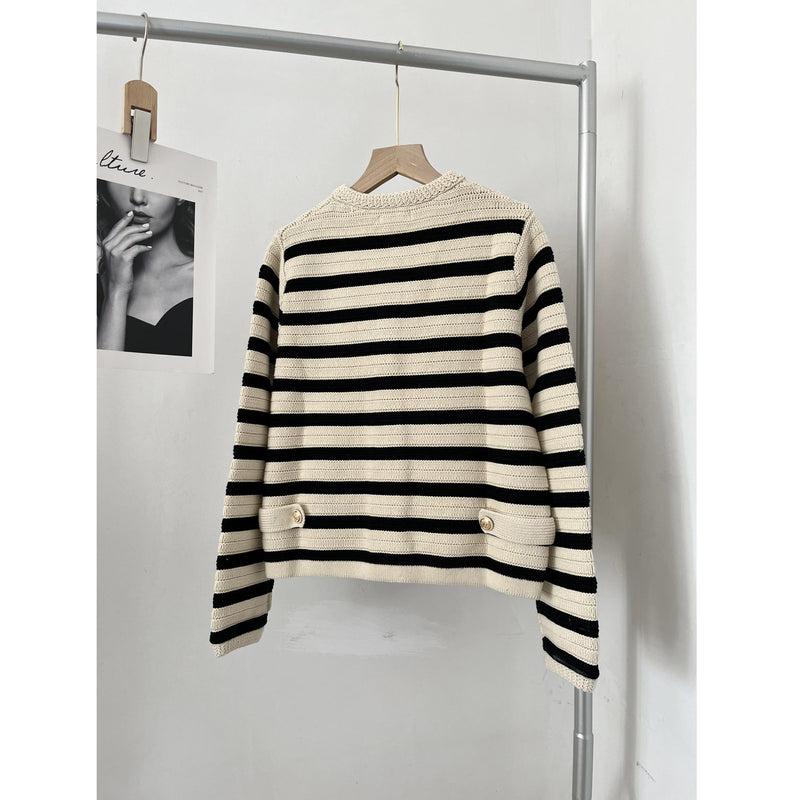 MD Style Women's Autumn New Slim Striped Classic Style Knitted Cardigan Sweater