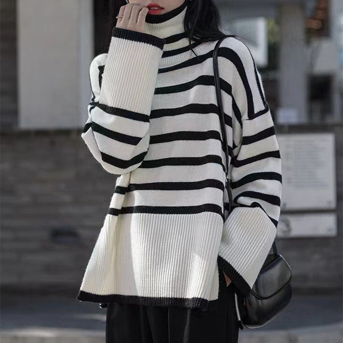 Women's Turtleneck Striped Sweater Loose Side Slit