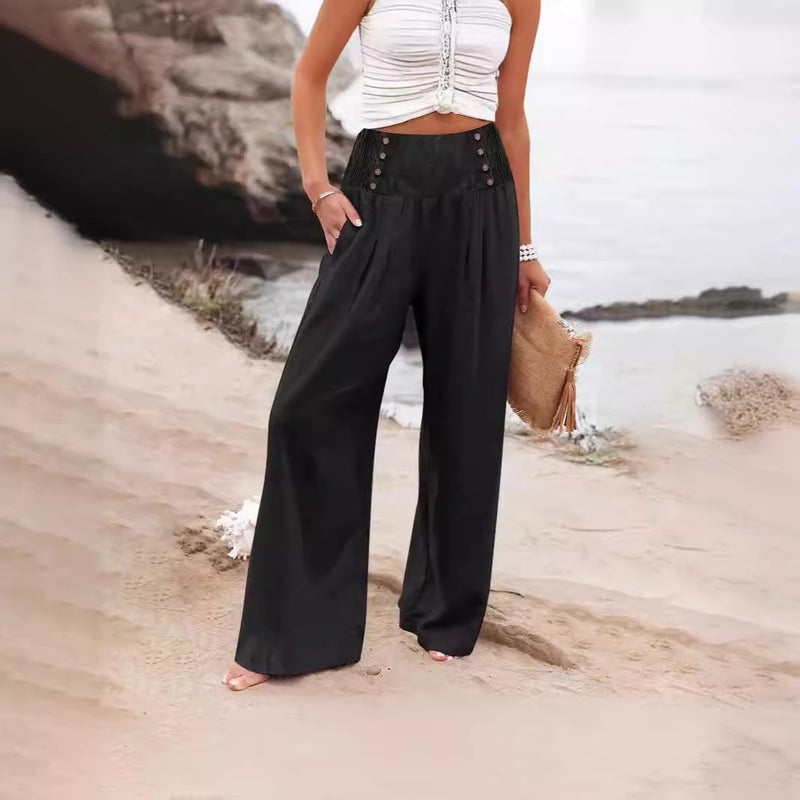 Casual Elastic High Waist Women's Cotton Linen Wide Leg Pants