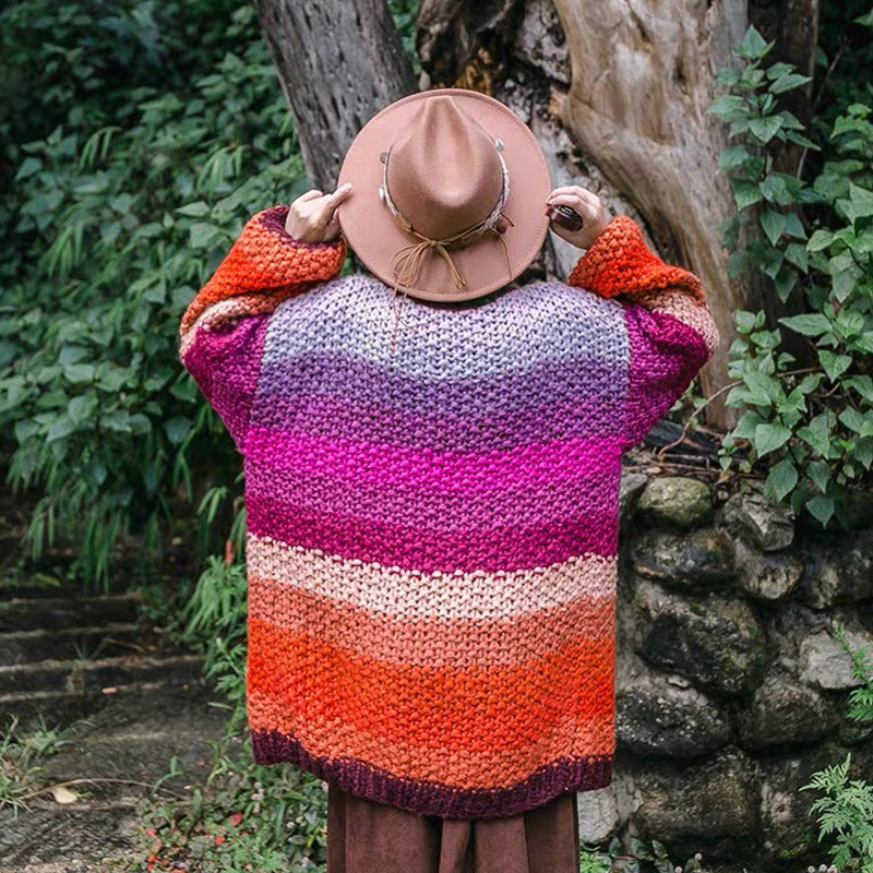 Thick Needle Sweater Coat Rainbow Striped Contrast Color Sweater Cardigan