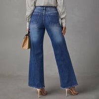 Washed Dark Blue Straight High Elastic Women's Denim Pants