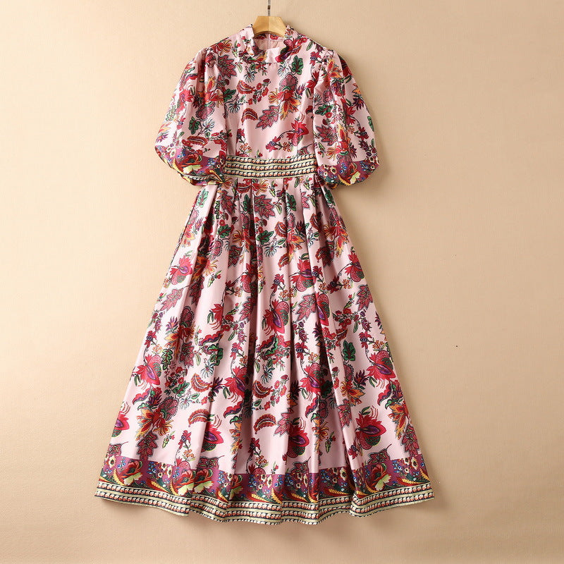 Pleated Swing Stand-up Collar Puff Sleeve Printed Dress