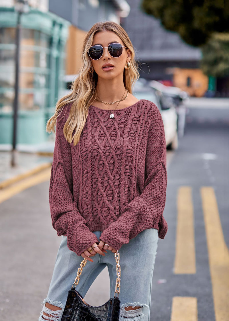 Women's Round Neck Twisted String Cable-knit Sweater