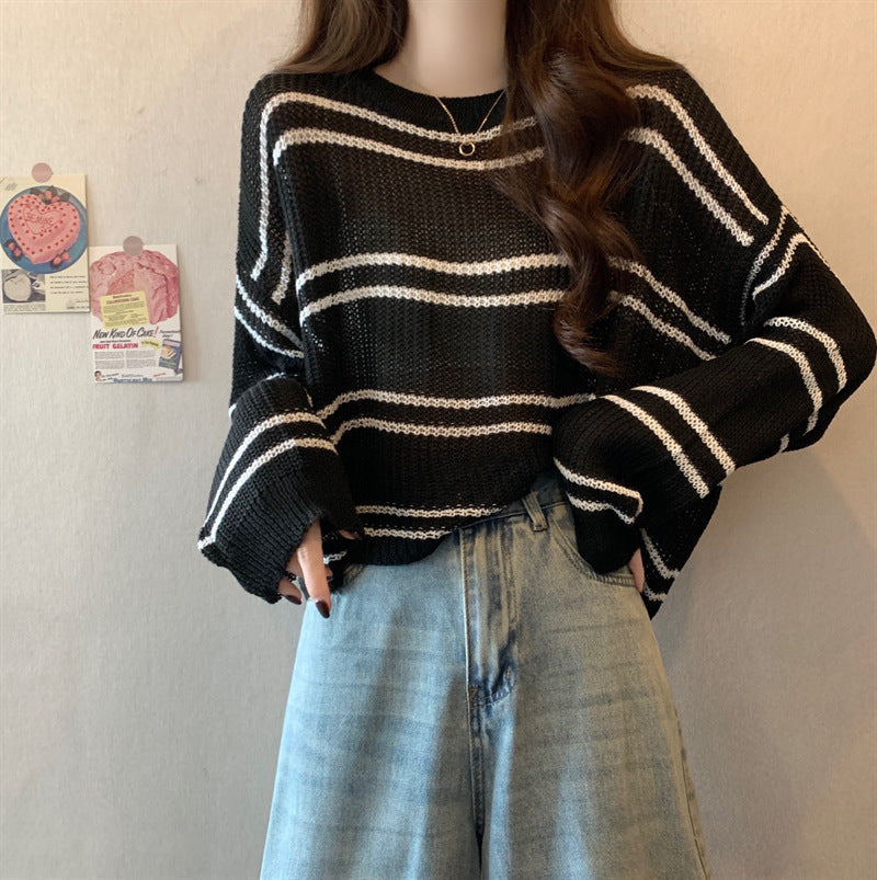 Striped Thin Sweater Loose Hollow-out Short Top