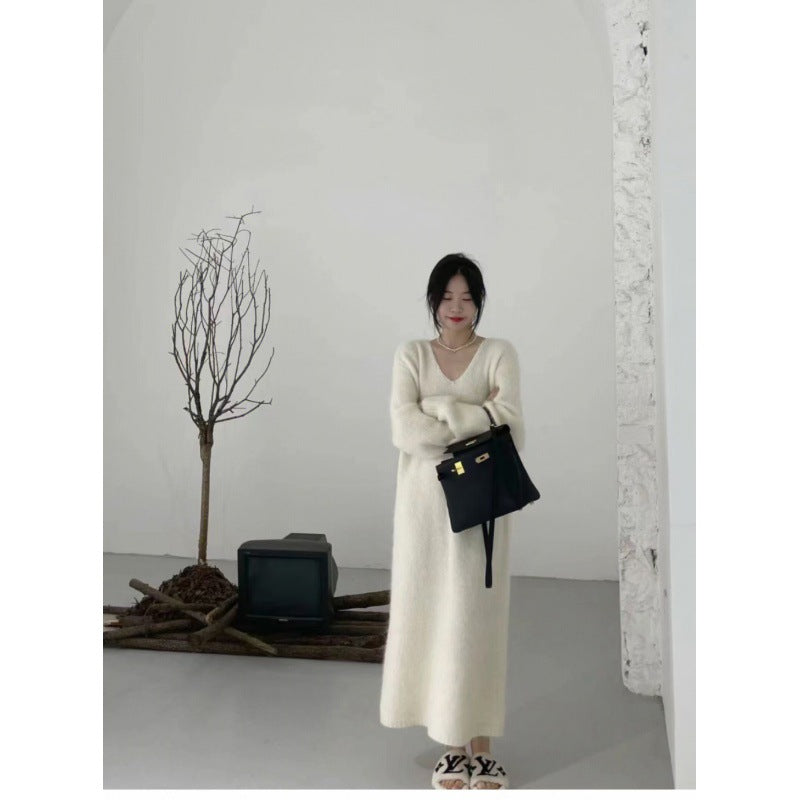 Autumn And Winter New Korean Style Knitted Long V-neck Base Woolen Skirt