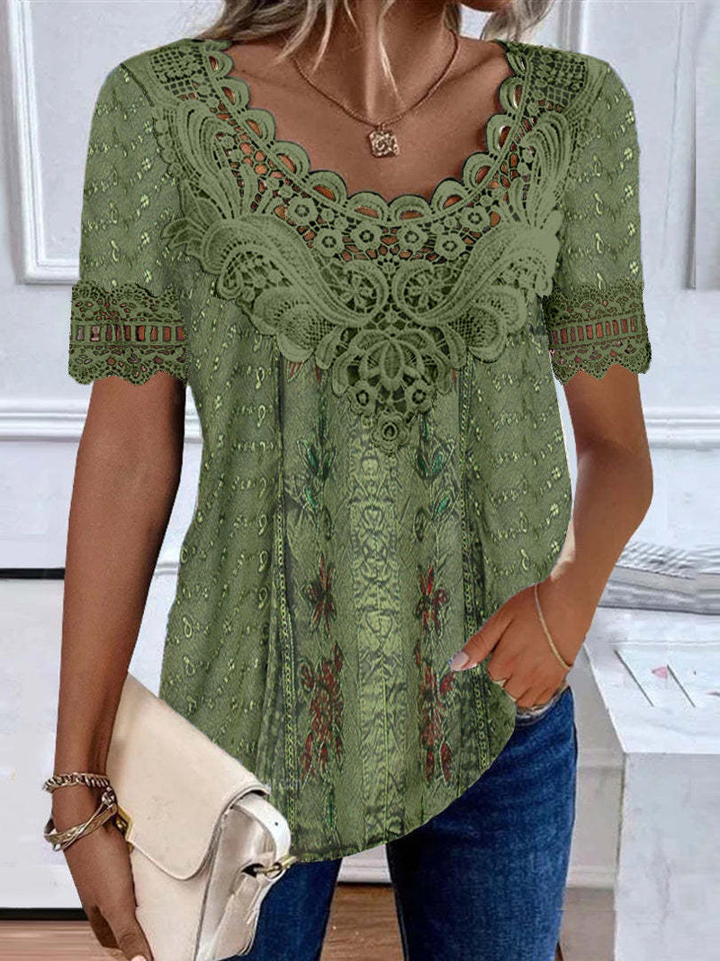 Women's Garden Collar Printed Short-sleeved Top
