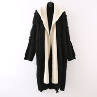 Hooded Tassel Knitted Cardigan Fake Two-piece Overknee Sweater Coat