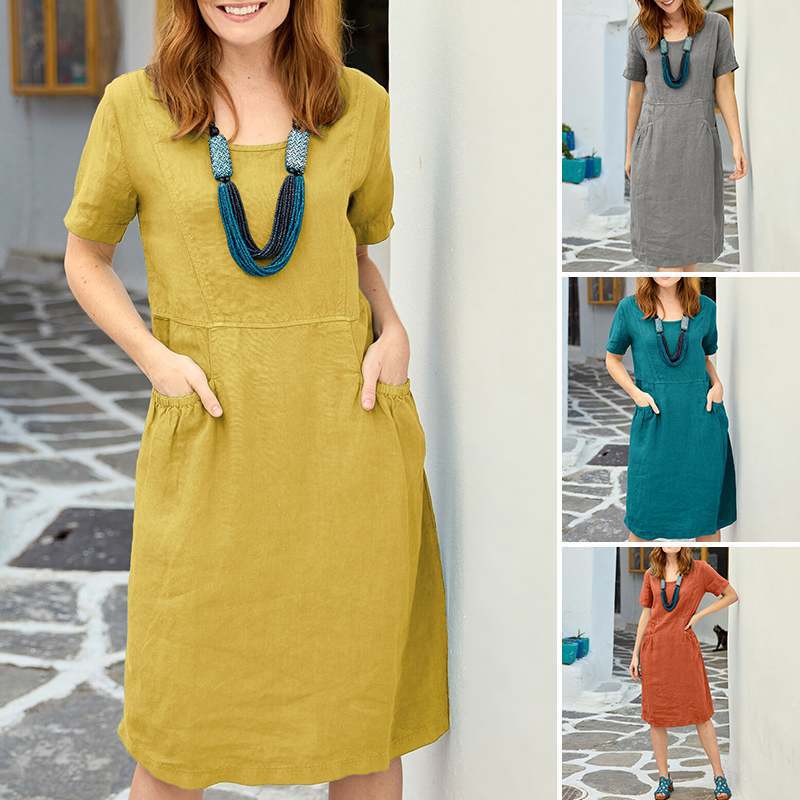 Women's Cotton And Linen Loose Pockets Dress