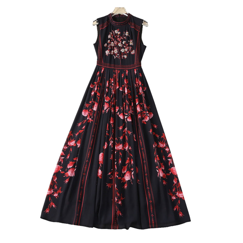 Chest Heavy Industry Beaded Printing Flower Sleeveless Dress